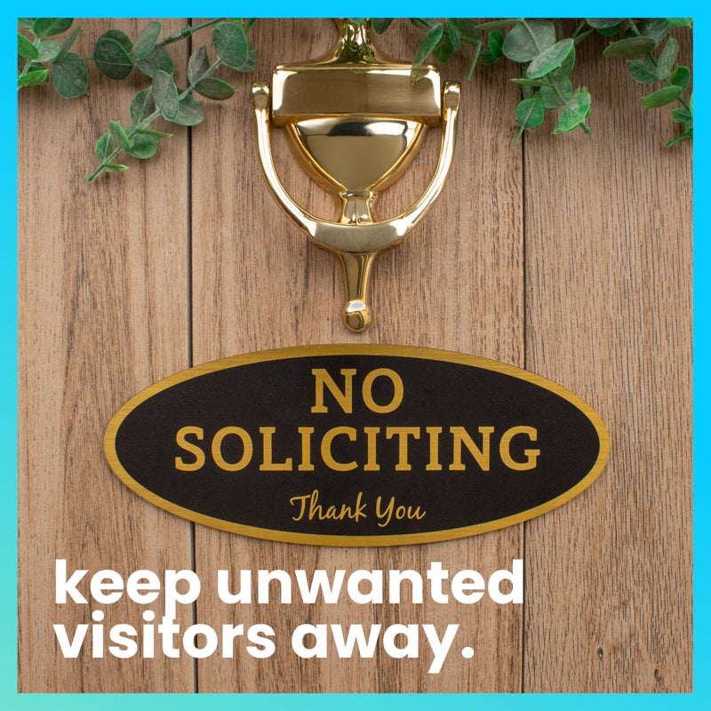 ExcelMark No Soliciting Sign for House or Business â€“ Durable Indoor/Outdoor Sign â€“ Easily Attach to Front Door - UV and Weather Resistant (Medium - 2.8"x 7", Black with Gold Letters) - Image 2